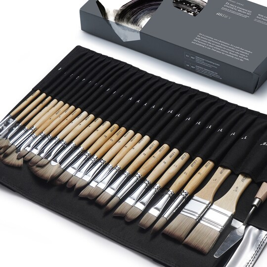 ARTIFY ART SUPPLIES; ARTIFY 25 Pieces Paint Brush Set, Expert Series, Enhanced Synthetic Brush Set with Cloth Roll and Palette Knife for Acrylic, Oil, Watercolor and Gouache (Birch); Category:Brush Sets; Image:1